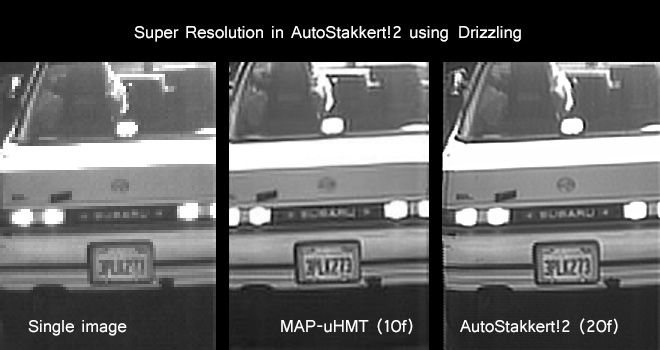 From left to right: original image. 10 frames using the MAP-uHMT algorithm, and AutoStakkert!2 results using 20 frames.Notice the huge increase in resolution!